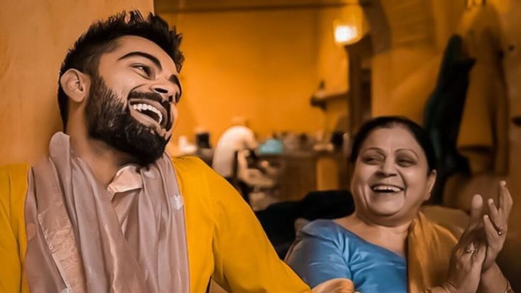 Virat Kohli holding a cricket bat on the field, paired with a smiling photo of his mother, Saroj Kohli, at home, symbolizing the emotional bond and inspiration from his mother behind his success. img4