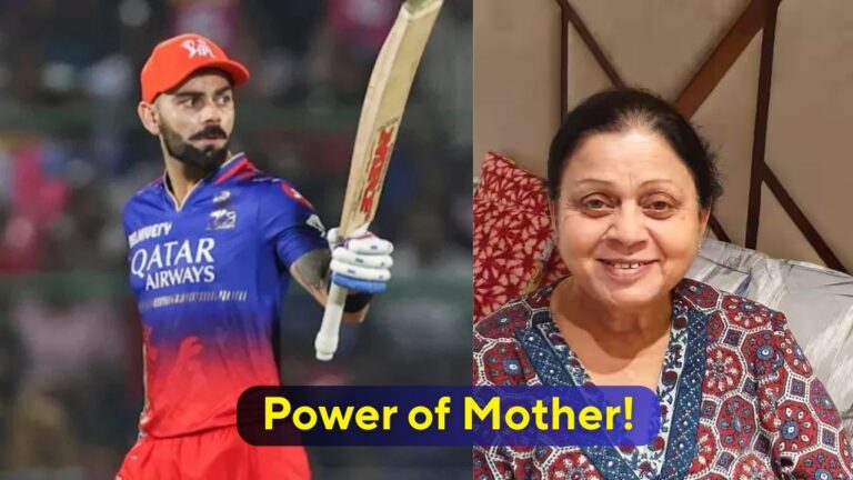 Virat Kohli holding a cricket bat on the field, paired with a smiling photo of his mother, Saroj Kohli, at home, symbolizing the emotional bond and inspiration from his mother behind his success.