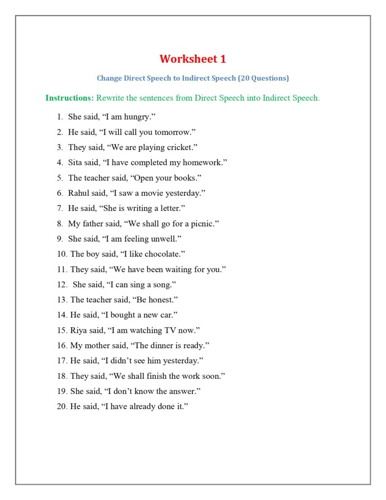 Direct and Indirect Speech Worksheets with Answers PDF img1