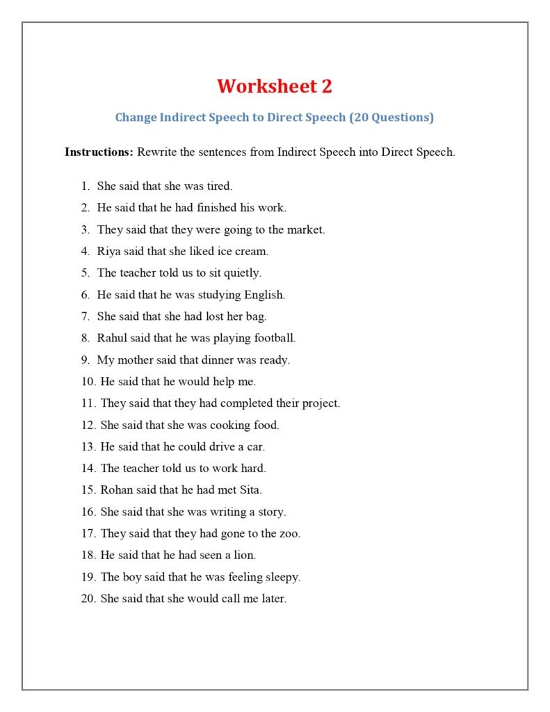 Direct and Indirect Speech Worksheets with Answers PDF img2