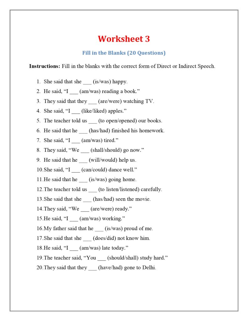 Direct and Indirect Speech Worksheets with Answers PDF img3