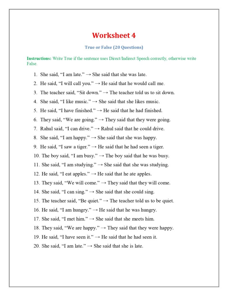 Direct and Indirect Speech Worksheets with Answers PDF img4